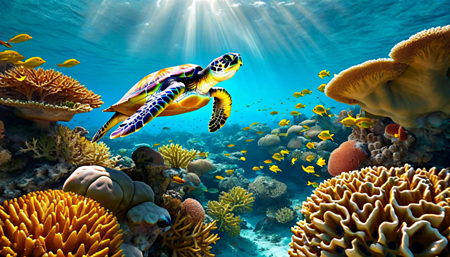 Belize Barrier Reef coral garden with sea turtle