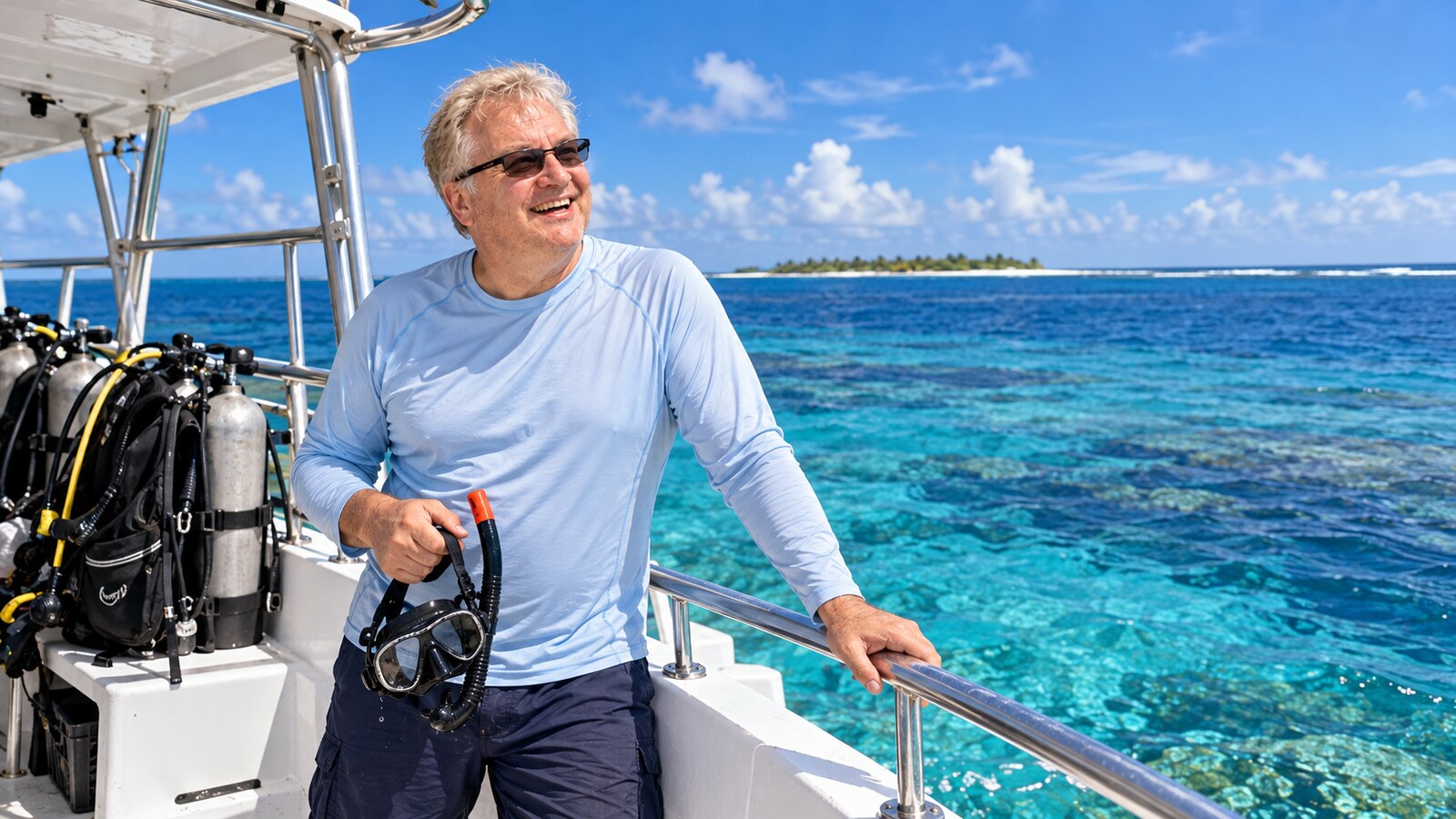 Radim Kaufmann aboard a dive boat at Lighthouse Reef, Belize