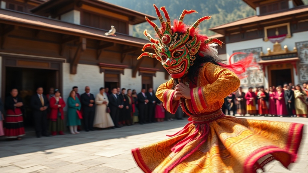 Masked dancers at a Bhutanese tshechu festival