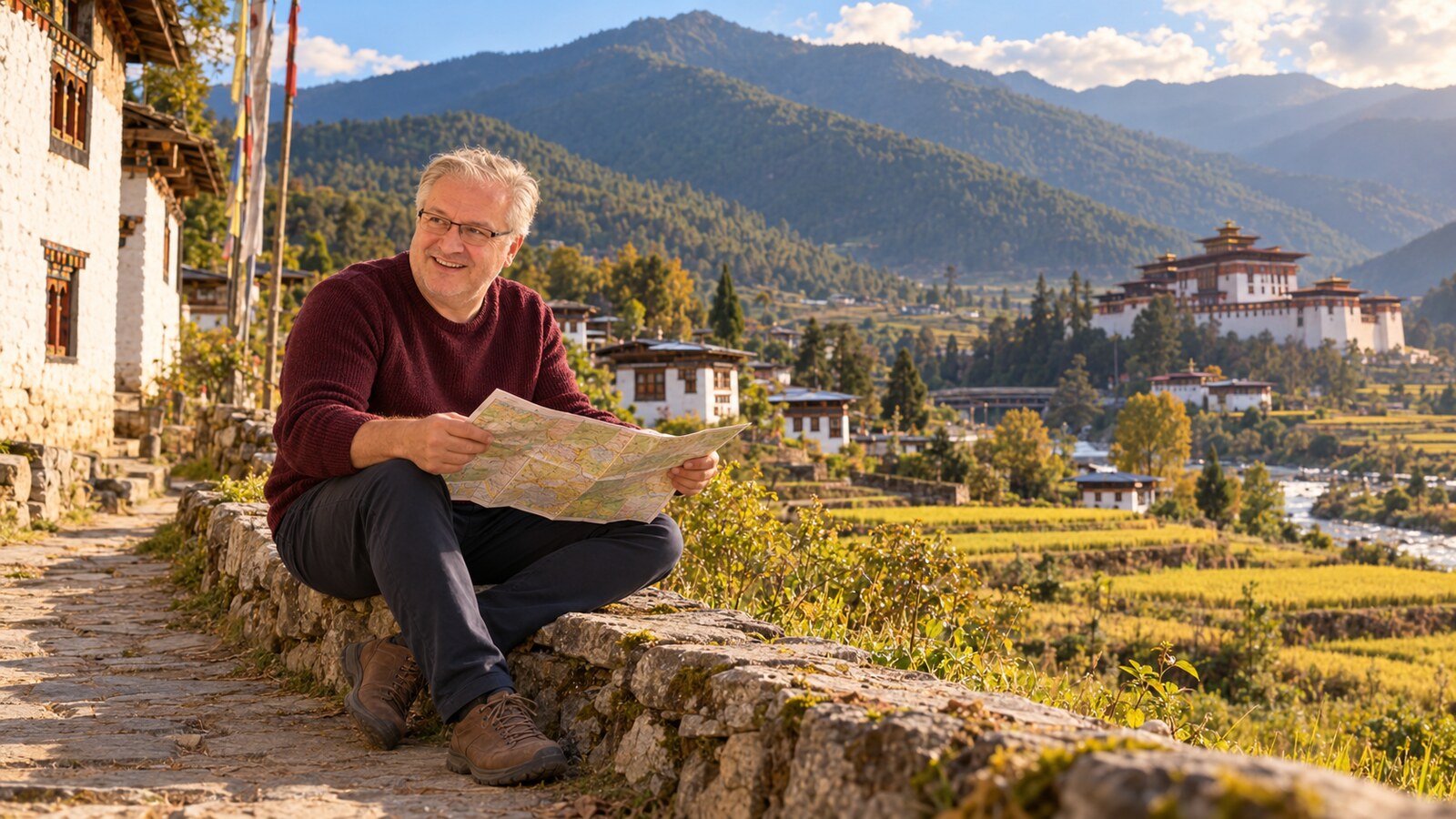 Radim Kaufmann reading a map beside terraced fields in Bhutan's Paro Valley