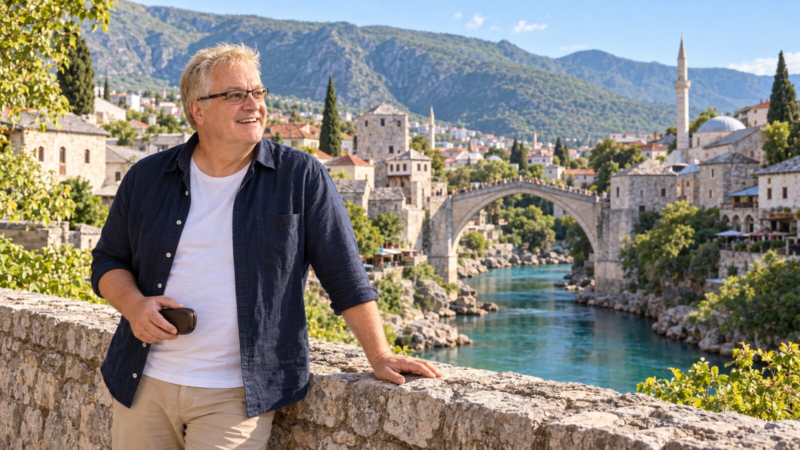 Radim Kaufmann overlooking Stari Most, the Neretva River and Mostar's Ottoman old town