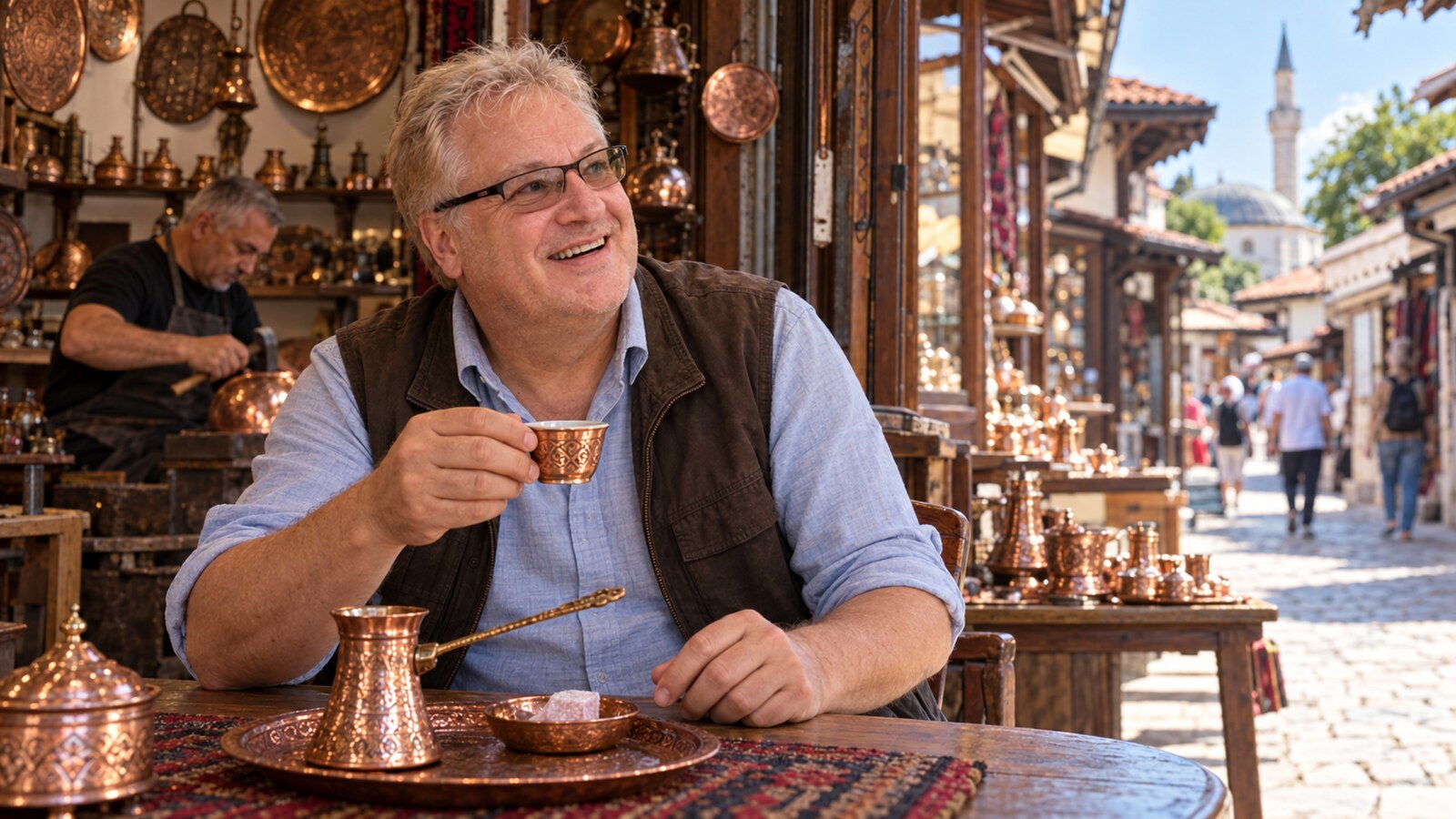 Radim Kaufmann drinking Bosnian coffee beside a coppersmith workshop in Sarajevo's Baščaršija