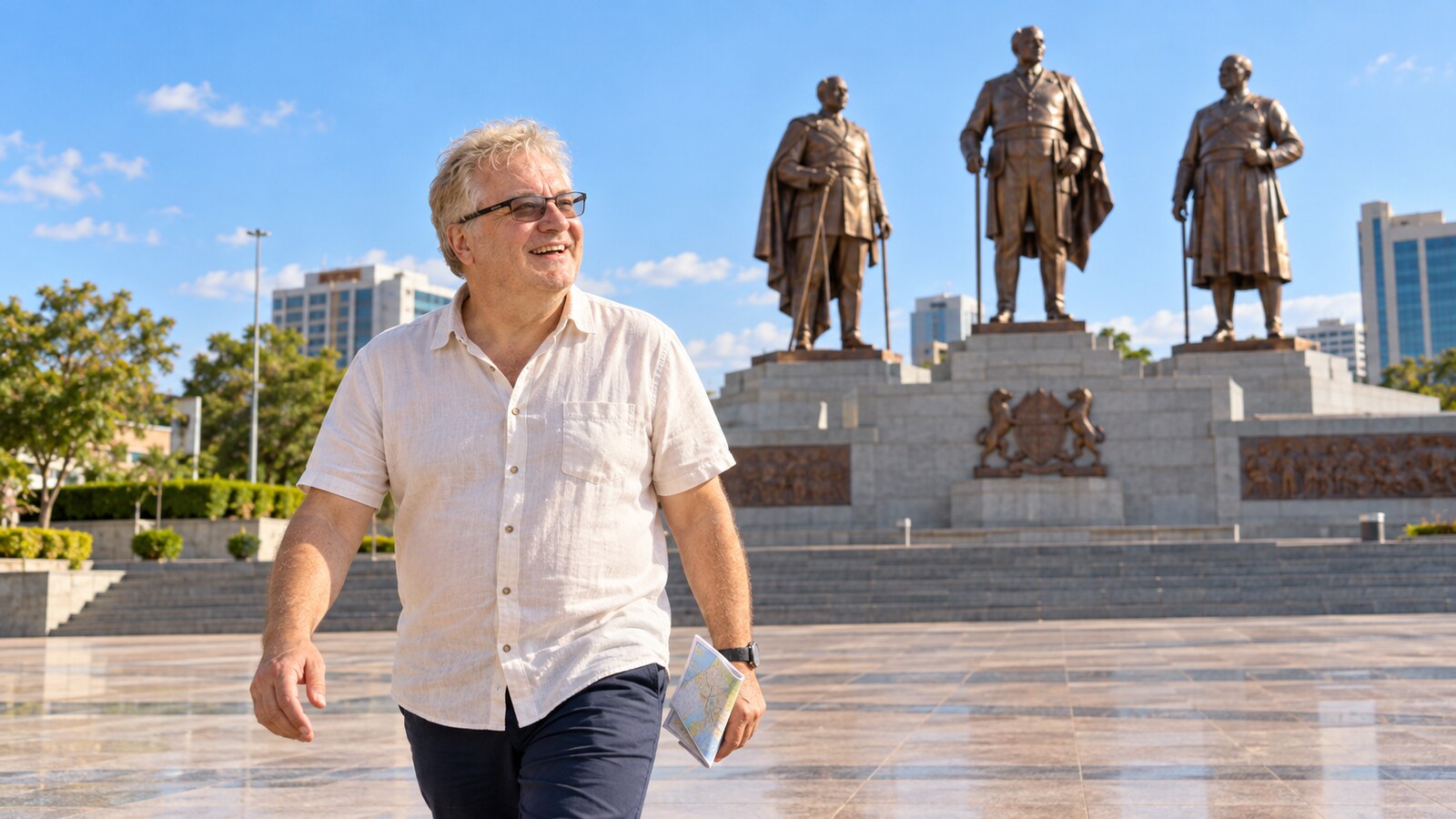 Radim Kaufmann walking past the Three Dikgosi Monument in Gaborone, Botswana