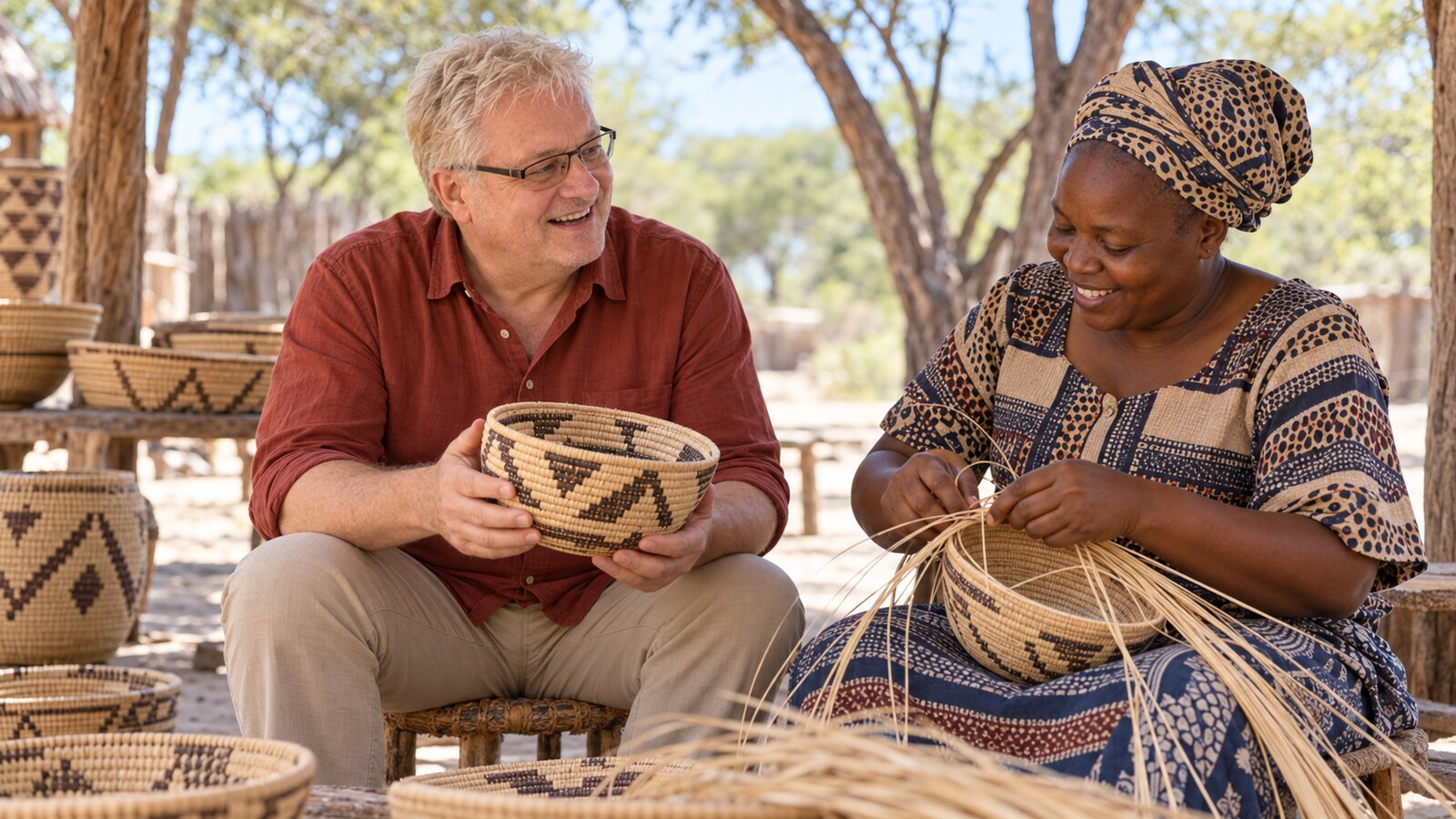 Radim Kaufmann learning about mokola-palm basket weaving from a Motswana artisan near Maun