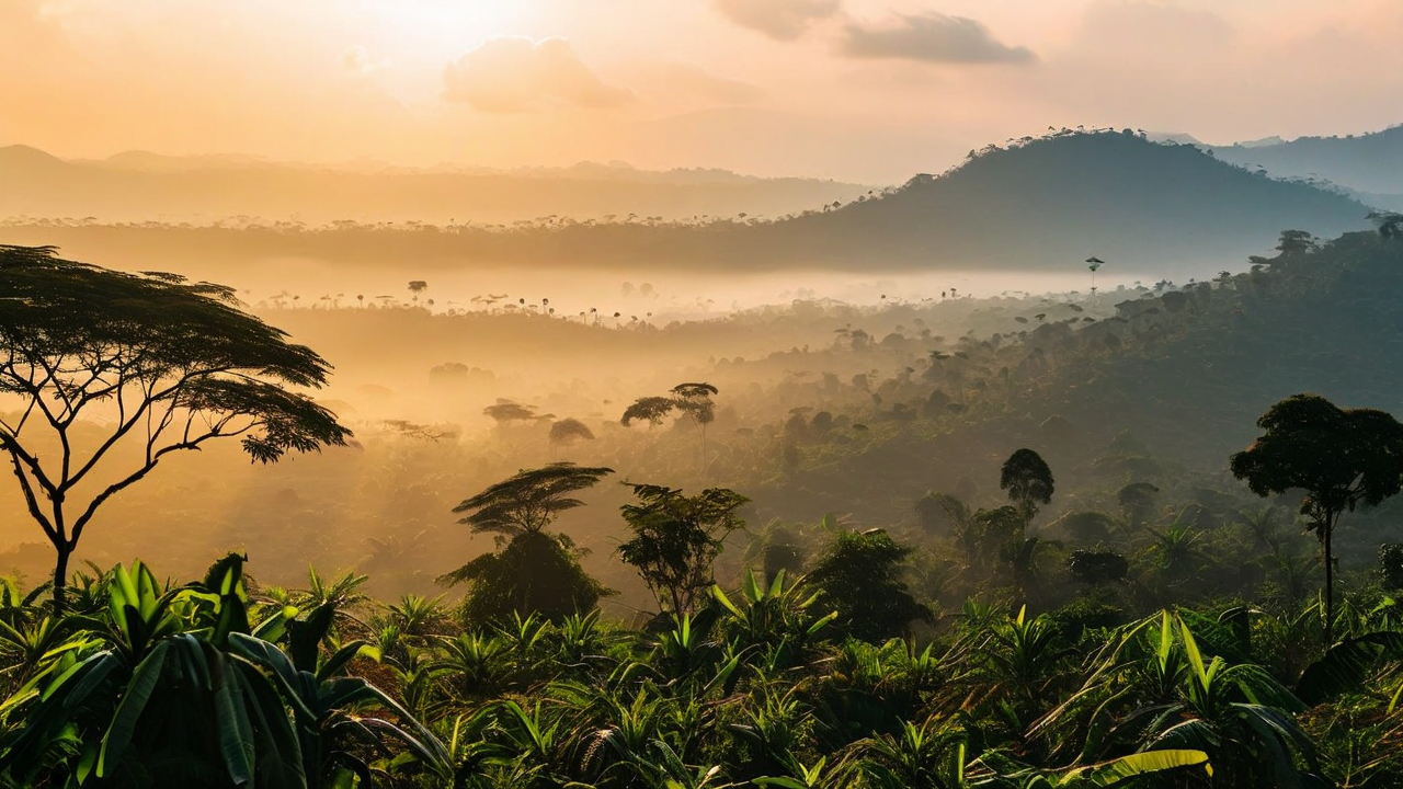 New Athos Monastery overlooking lake with Central Africa mountains