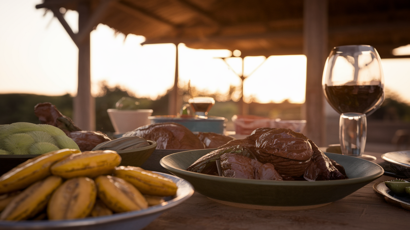 Traditional Cameroonn feast with abysta, adjika, and wine