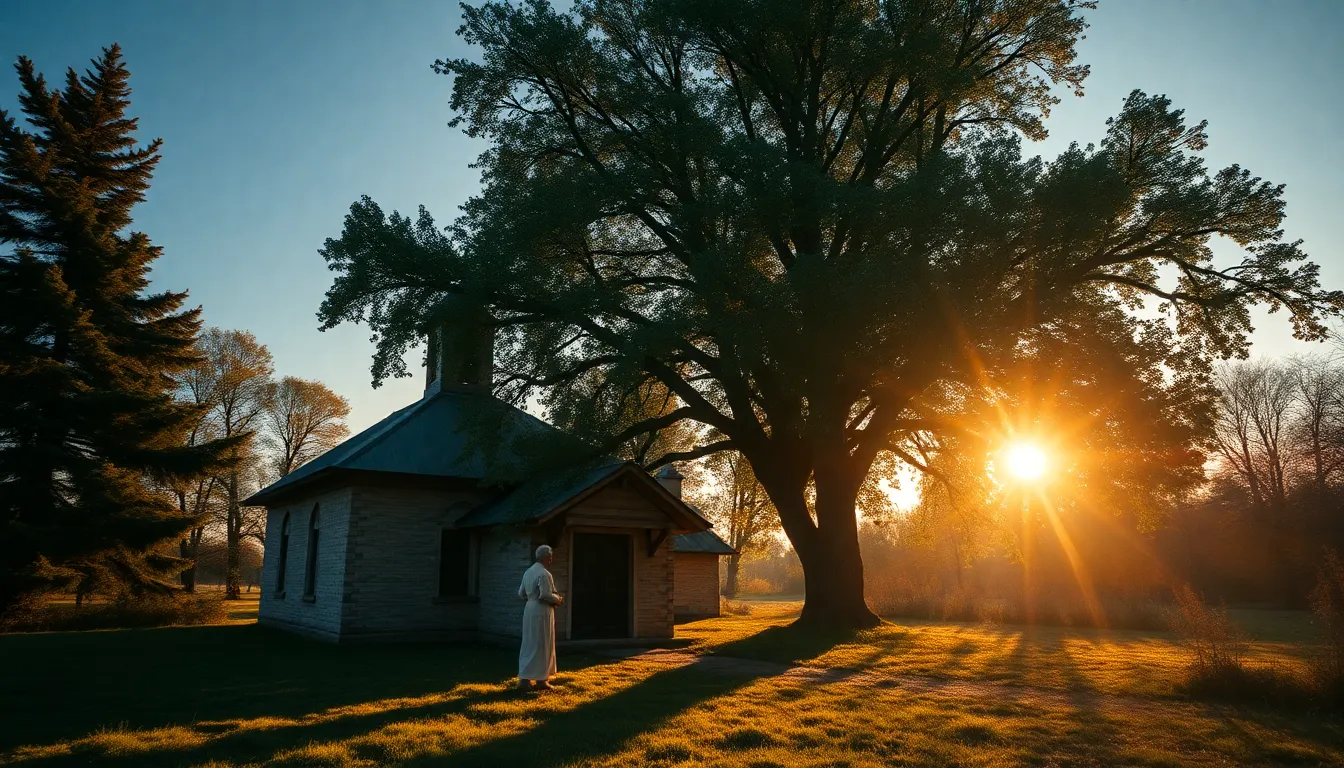 Lykhny Village - ancient church with elders gathering under sacred linden tree