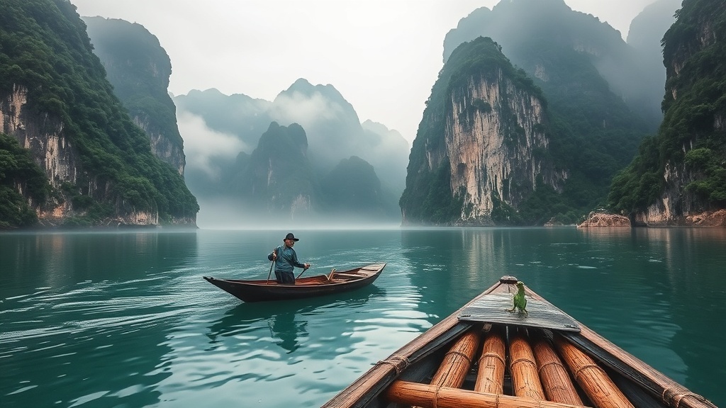 Li River karst peaks near Guilin at sunrise with fisherman on bamboo raft
