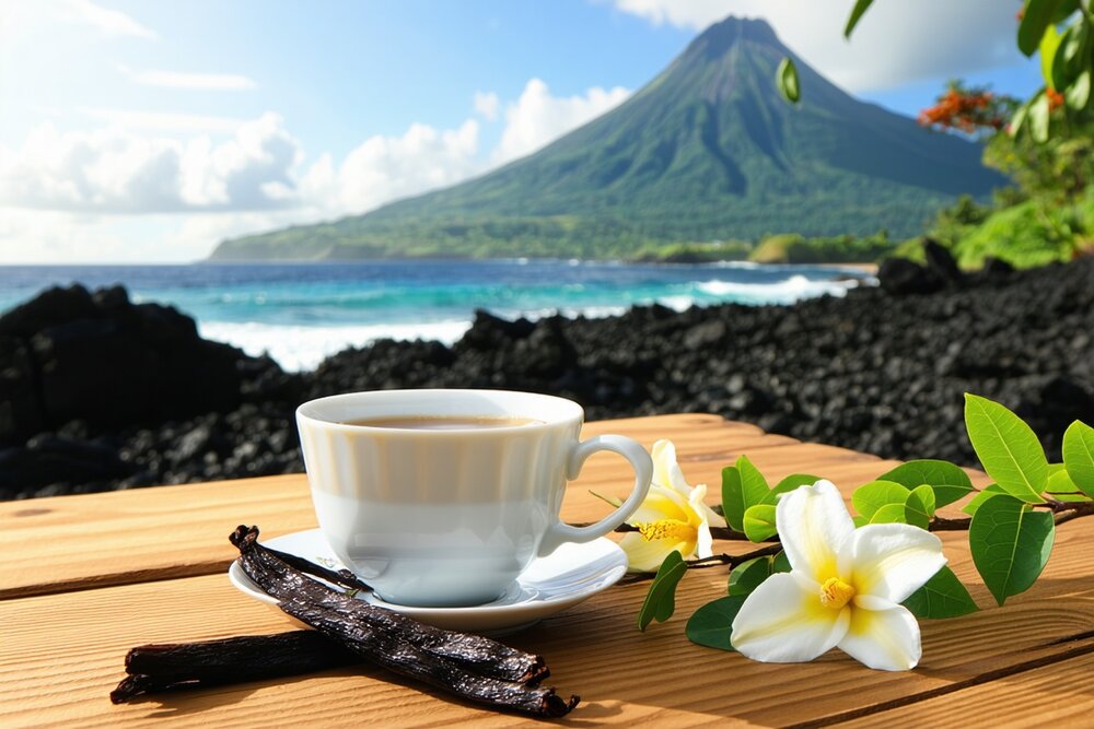 Vanilla tea with Comoros volcanic coastline