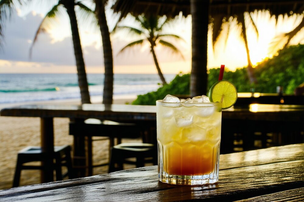 Guaro Cacique cocktail at a Costa Rican beach bar at sunset