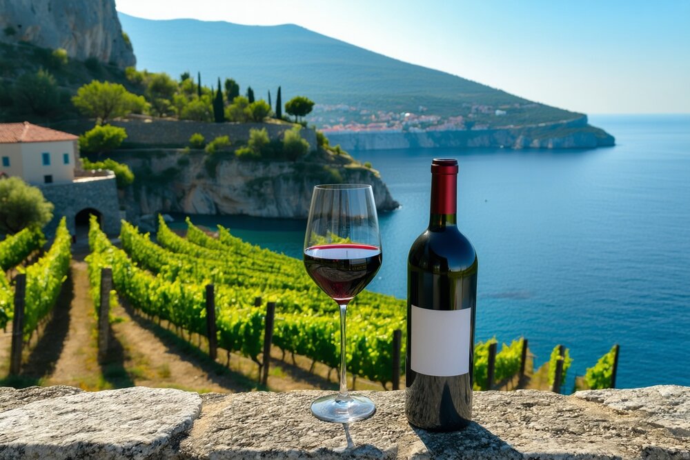Red wine glass overlooking Pelješac Peninsula vineyards and Adriatic Sea