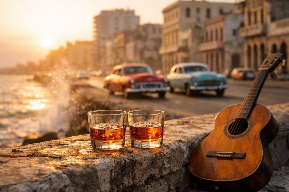Rum and the sea wall on the Malecón in Havana, Cuba