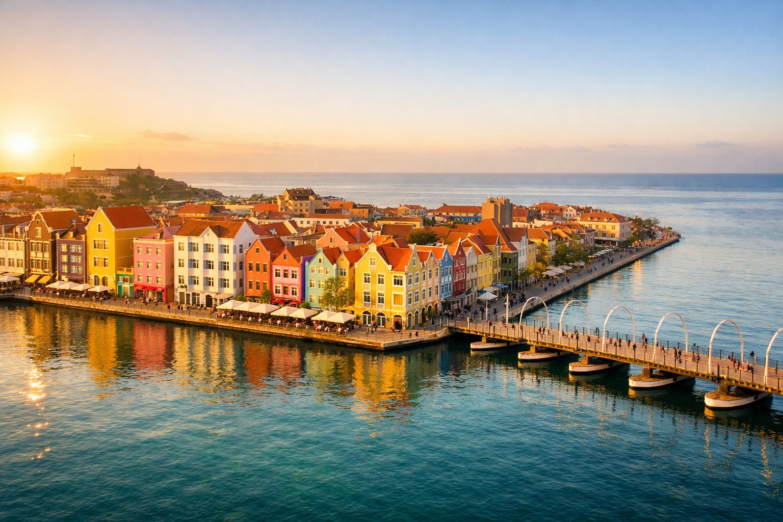 The pastel Handelskade waterfront of Willemstad at golden hour, Curaçao