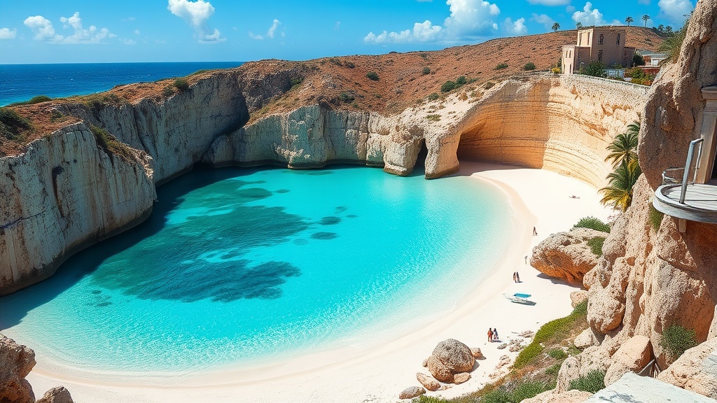 The turquoise water and limestone cliffs of Grote Knip beach, Curaçao