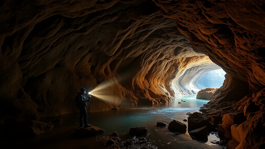 Voronya Cave - World's Deepest Cave, explorer with headlamp illuminating underground river