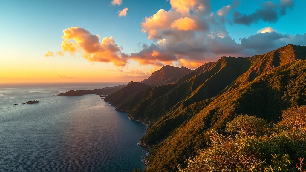 Steep forested mountain ridges falling to the Caribbean Sea at sunset, Dominica