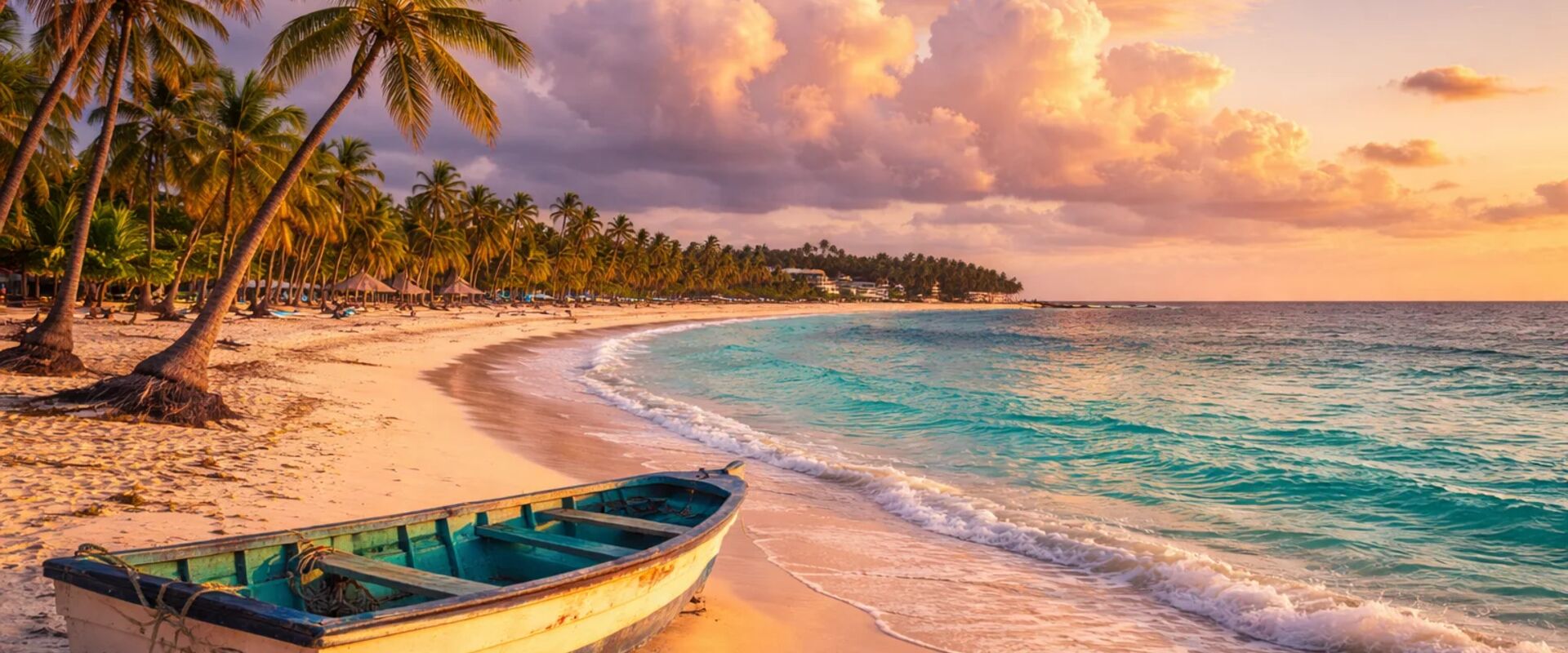 A palm-lined white sand beach with turquoise water and a wooden boat at sunset