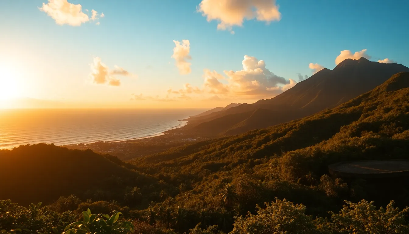 New Athos Monastery overlooking lake with Caribbean mountains