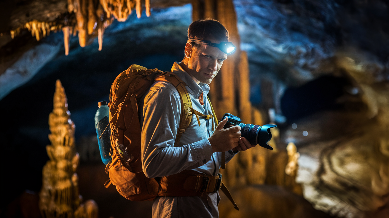 Voronya Cave - World's Deepest Cave, explorer with headlamp illuminating underground river