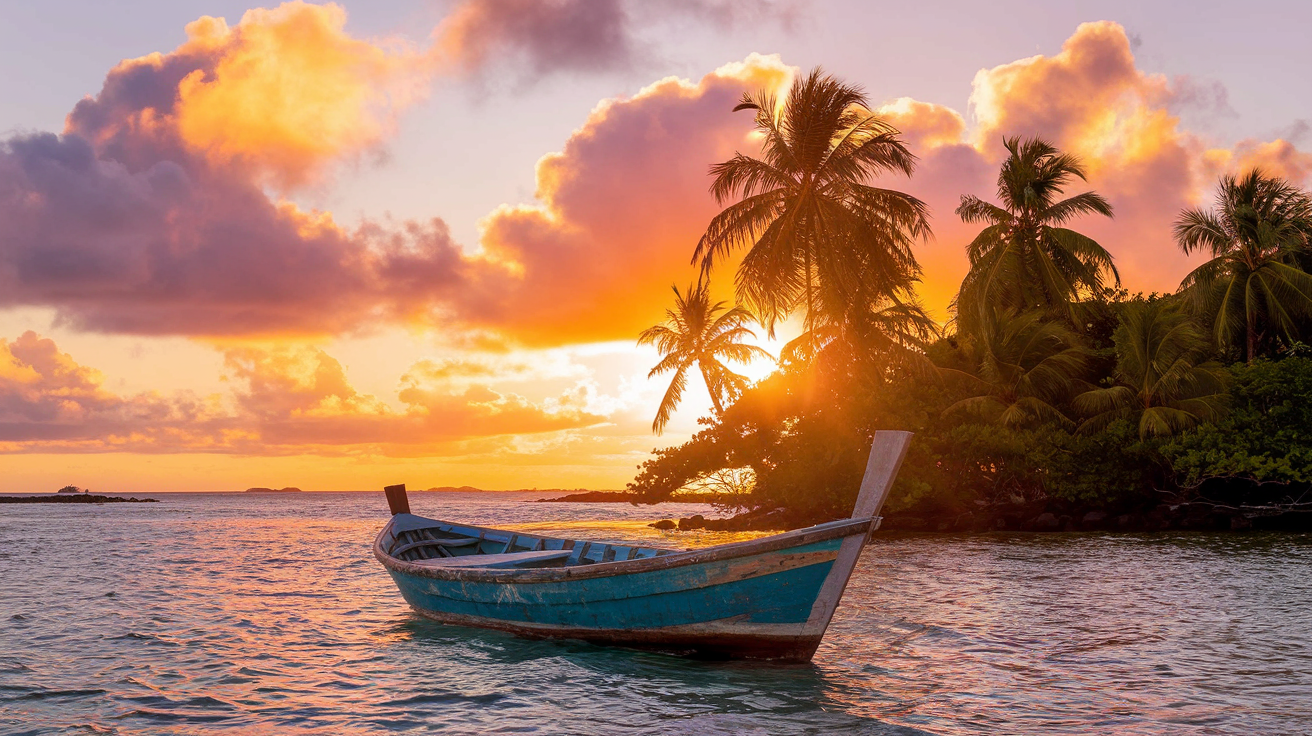 A wooden boat on calm turquoise water at sunset with palms on the shoreline