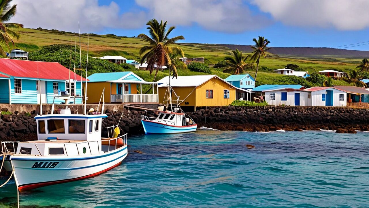 Small fishing boats in a rocky harbour below brightly painted wooden houses and palms