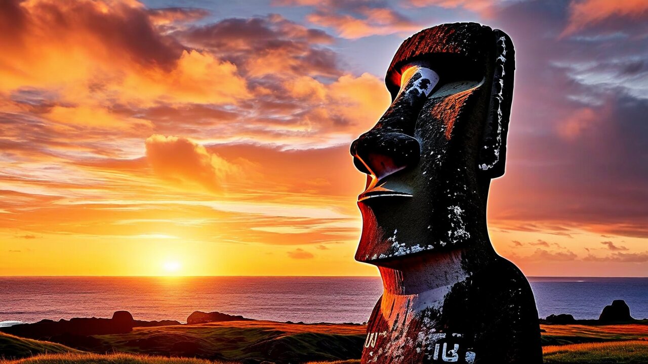 A single moai in profile against an orange sunset over the ocean
