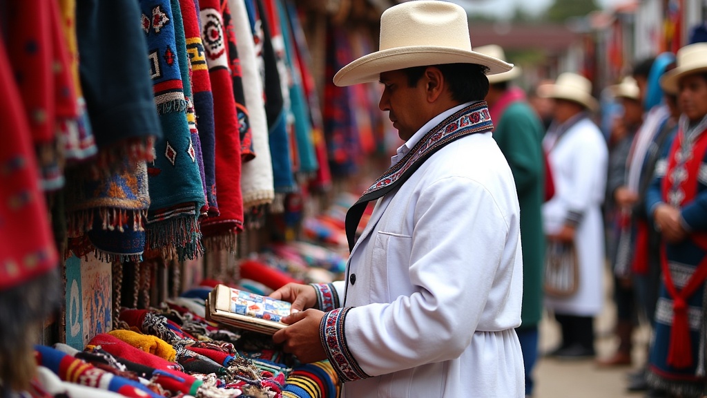Otavalo indigenous market with colorful textiles