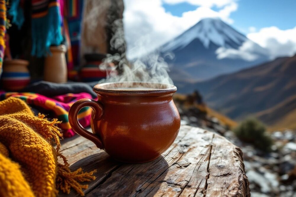 A steaming clay mug on wood with a volcano behind