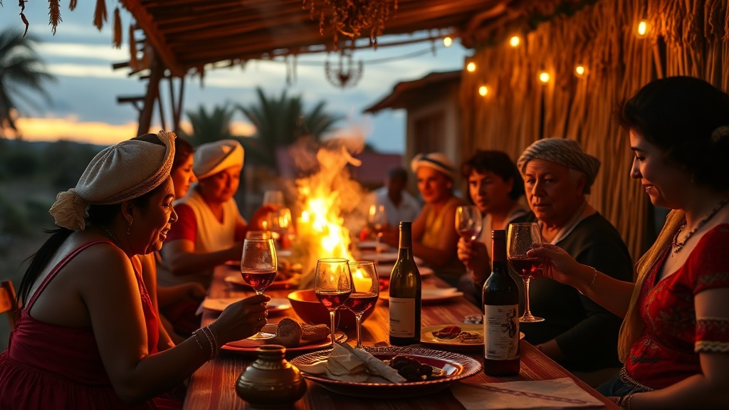 Traditional El Salvadorn feast with abysta, adjika, and wine