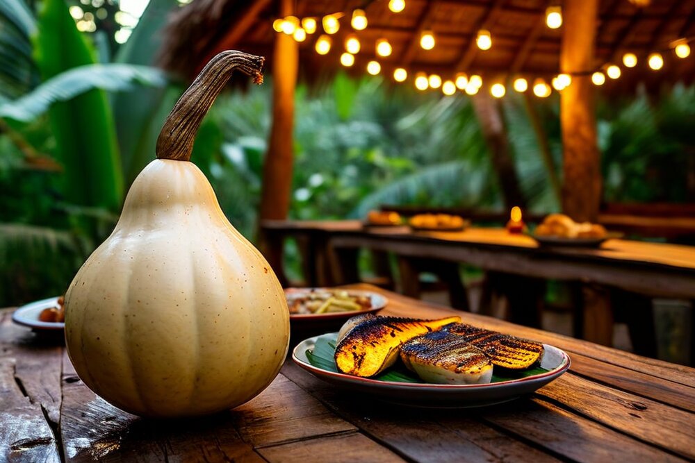 A large calabash gourd on a wooden table beside a plate of grilled plantain under strung lights
