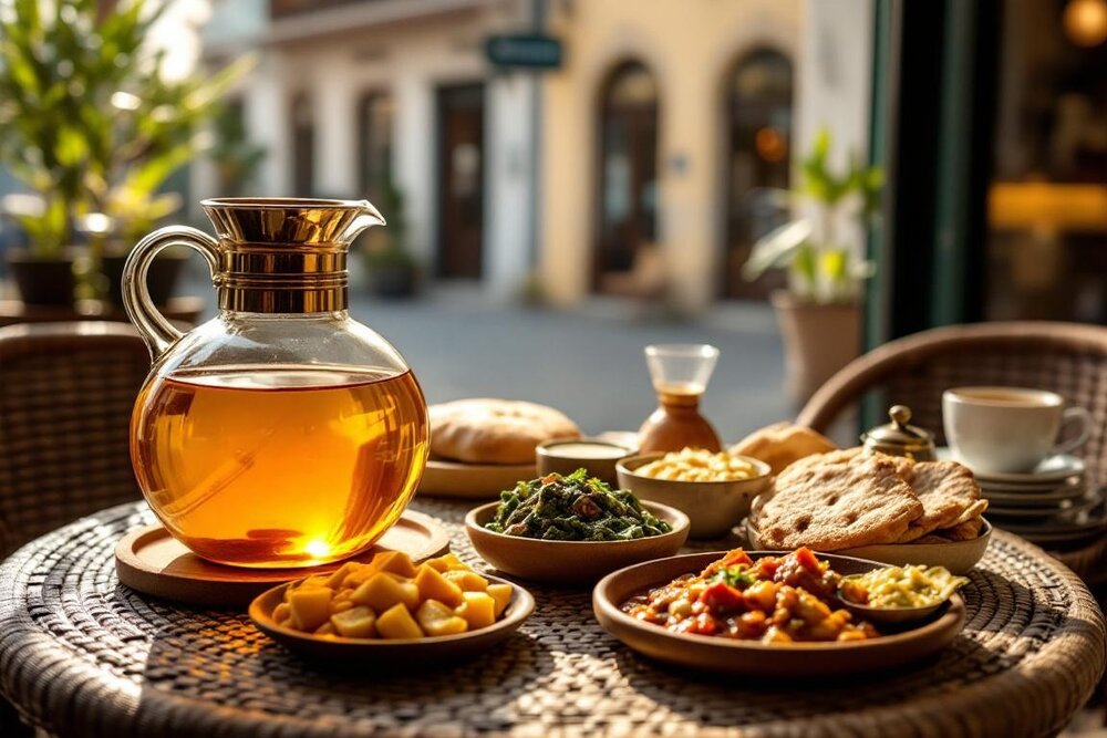 An amber-filled jug on a café table with small dishes