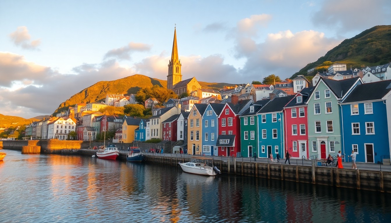 Stanley waterfront with colorful houses and Christ Church Cathedral
