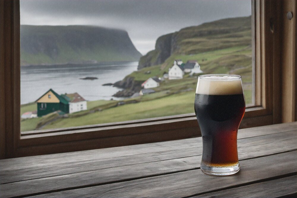 A glass of dark beer on a windowsill overlooking a village and sea cliffs