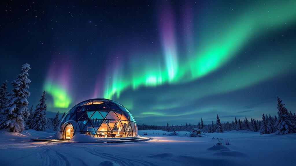 Northern Lights dancing over snowy forest