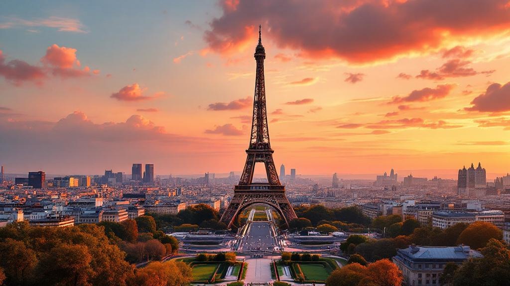 The Eiffel Tower above the Paris rooftops at sunset with autumn trees in the foreground