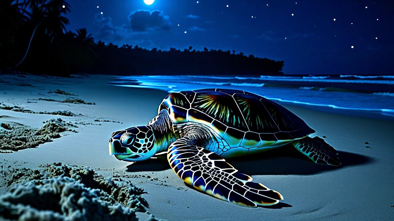 A large sea turtle on a moonlit beach with the surf behind it