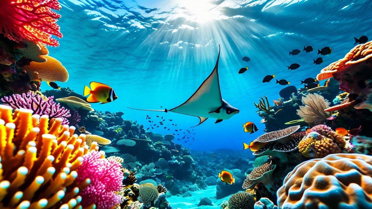 A ray gliding over a coral reef with tropical fish and sunbeams through the surface