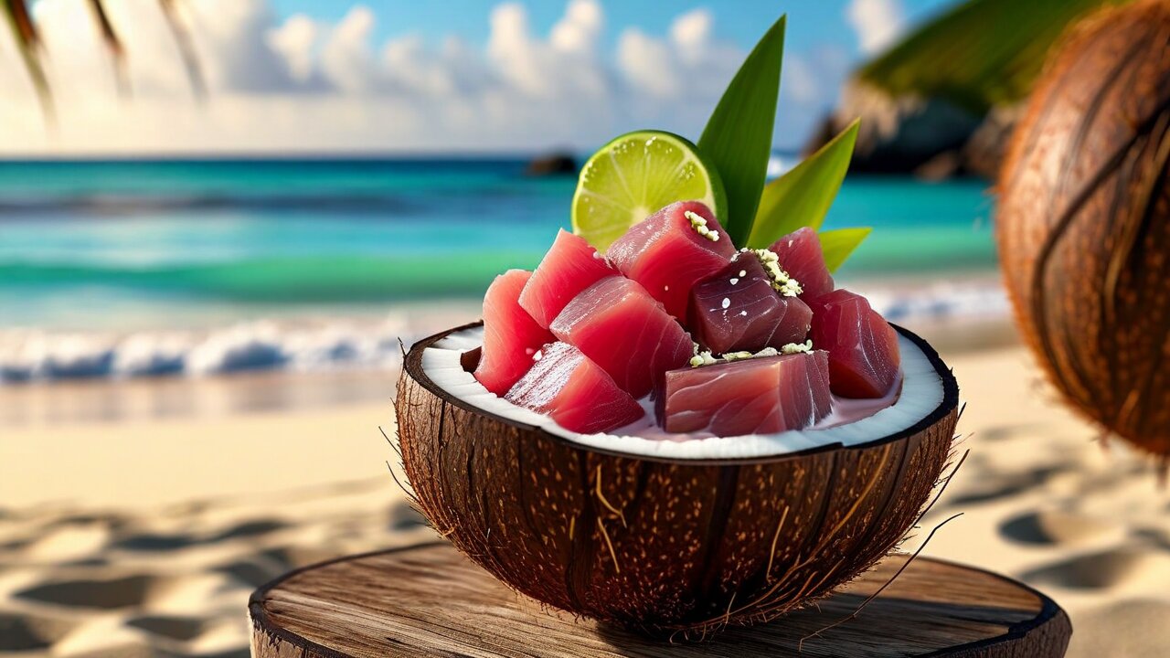 Cubes of raw red tuna in a coconut shell with a lime wedge, on a beach