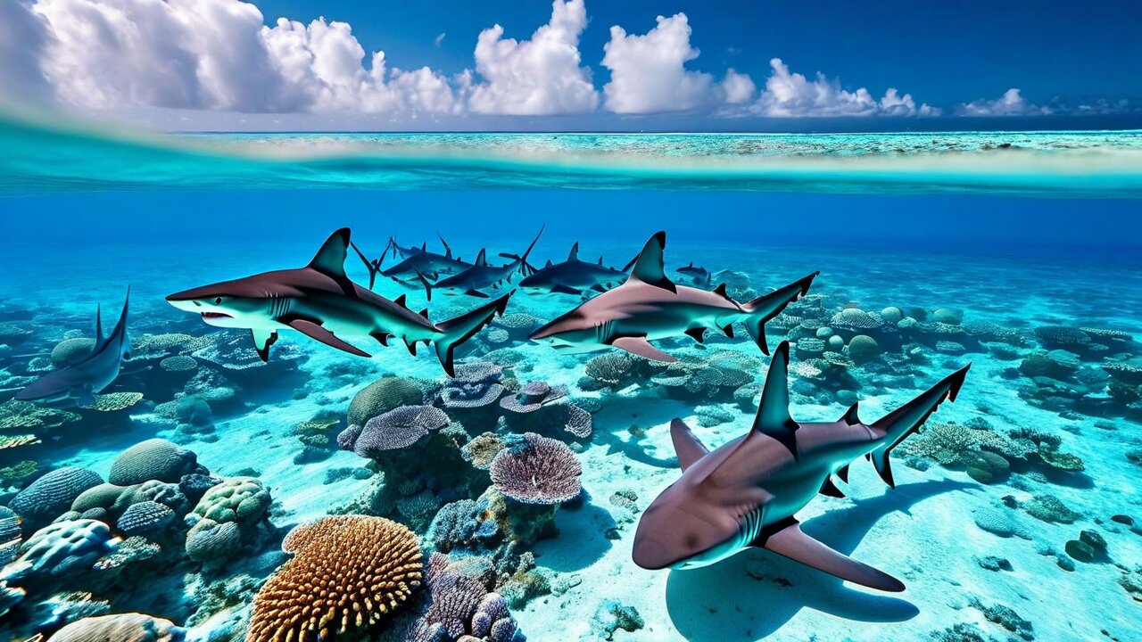Blacktip reef sharks over pale coral in very shallow clear lagoon water under a bright sky