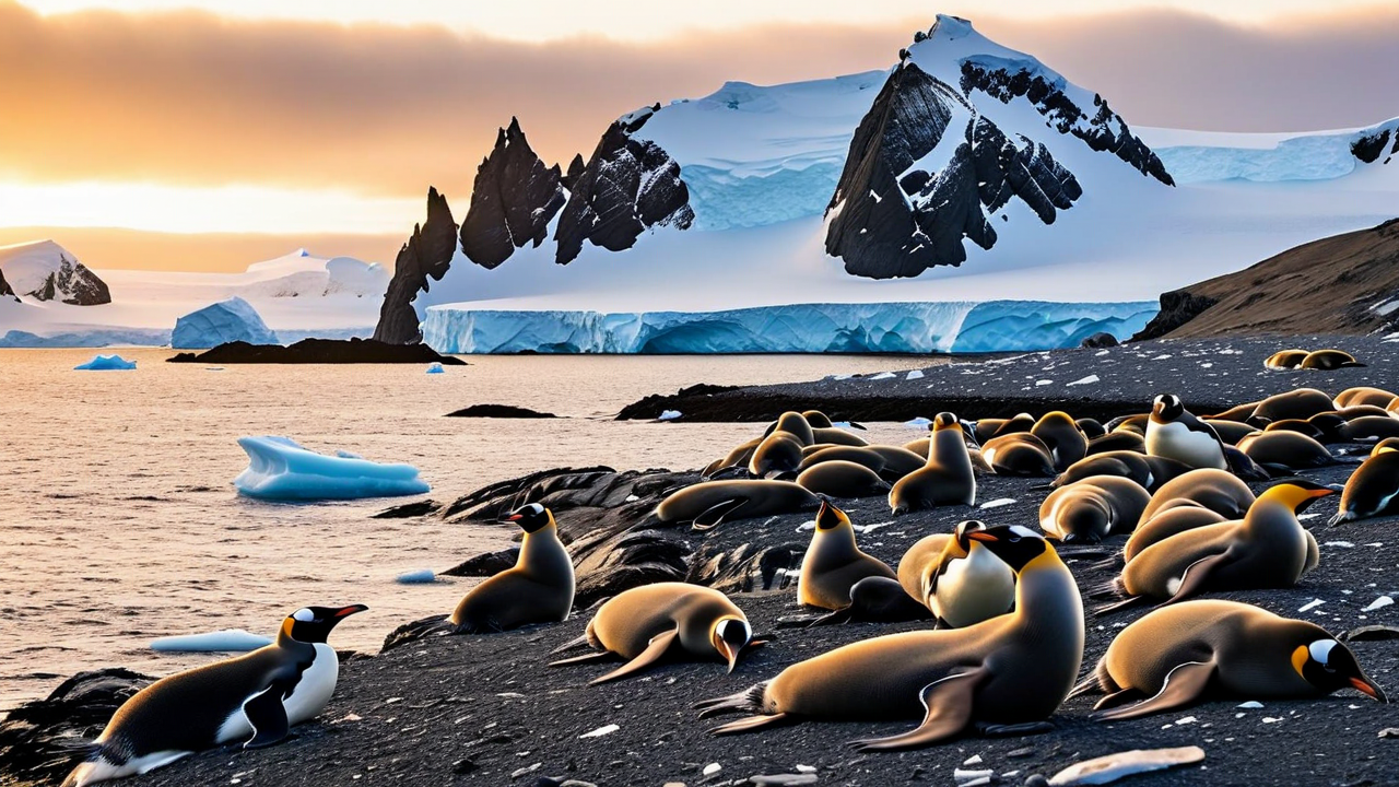 King penguins and elephant seals on a black volcanic beach below a glaciated peak at sunset