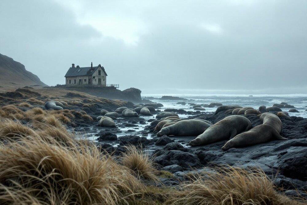 Elephant seals on a wet black shore with tussock grass, low grey cloud and a weathered building on a bluff