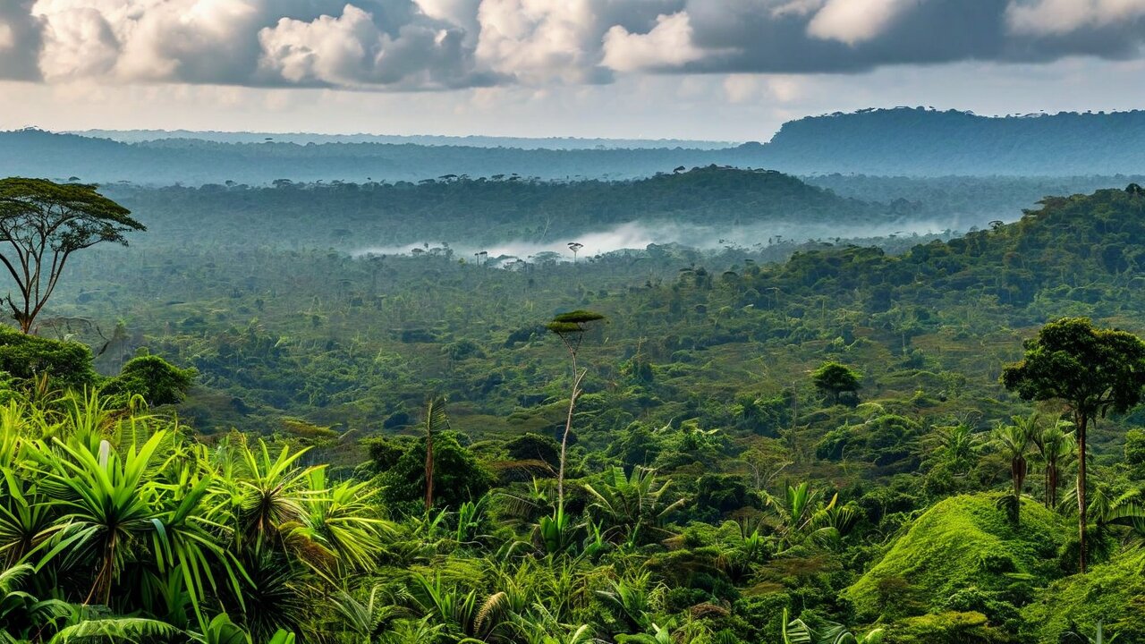 Rolling rainforest to the horizon under cloud, with mist lying in the valleys