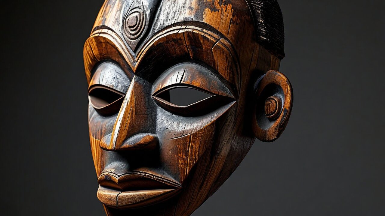 A carved dark wooden mask with an elongated face, heavy brows and a high forehead, lit against grey