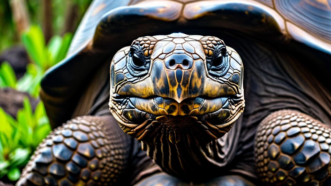 Close portrait of a giant tortoise's scaled head and front legs against its dome shell