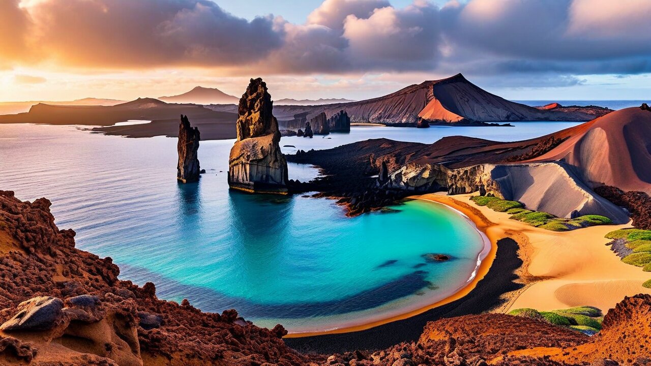 A volcanic island of red-brown lava with a rock spire, twin turquoise bays and a spatter cone