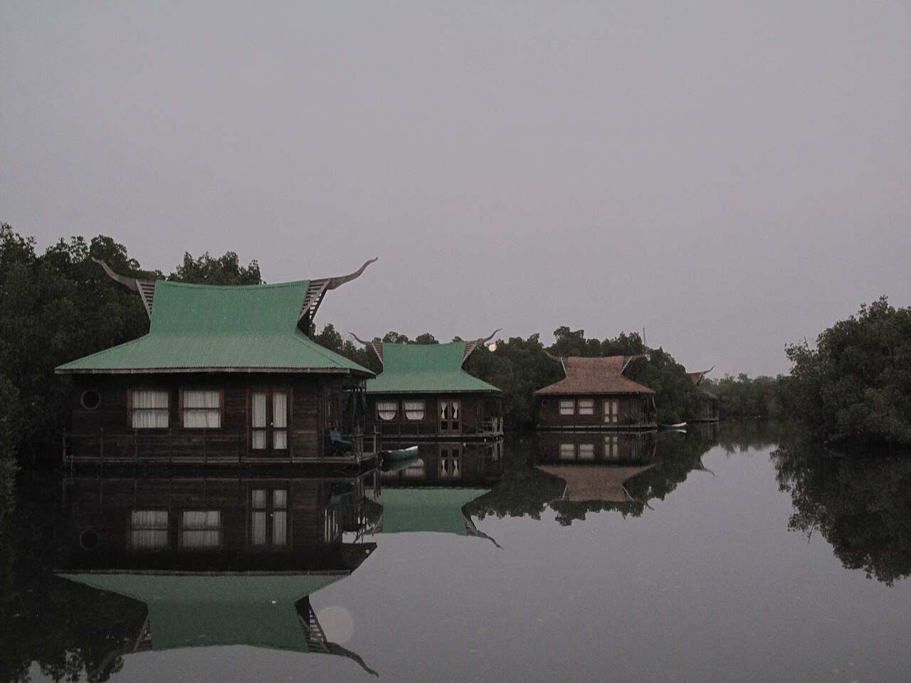 Mandina floating lodges at twilight, Makasutu Forest