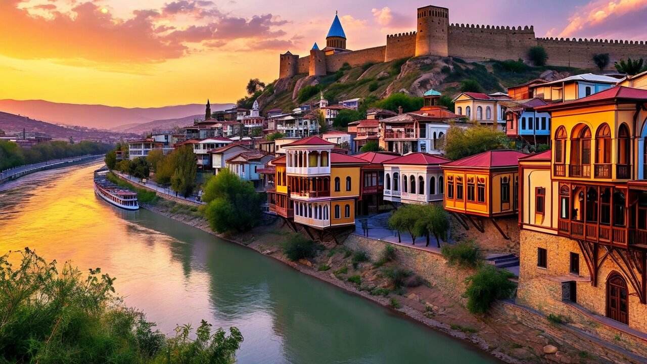 Tbilisi cityscape with colorful buildings and mountains in background