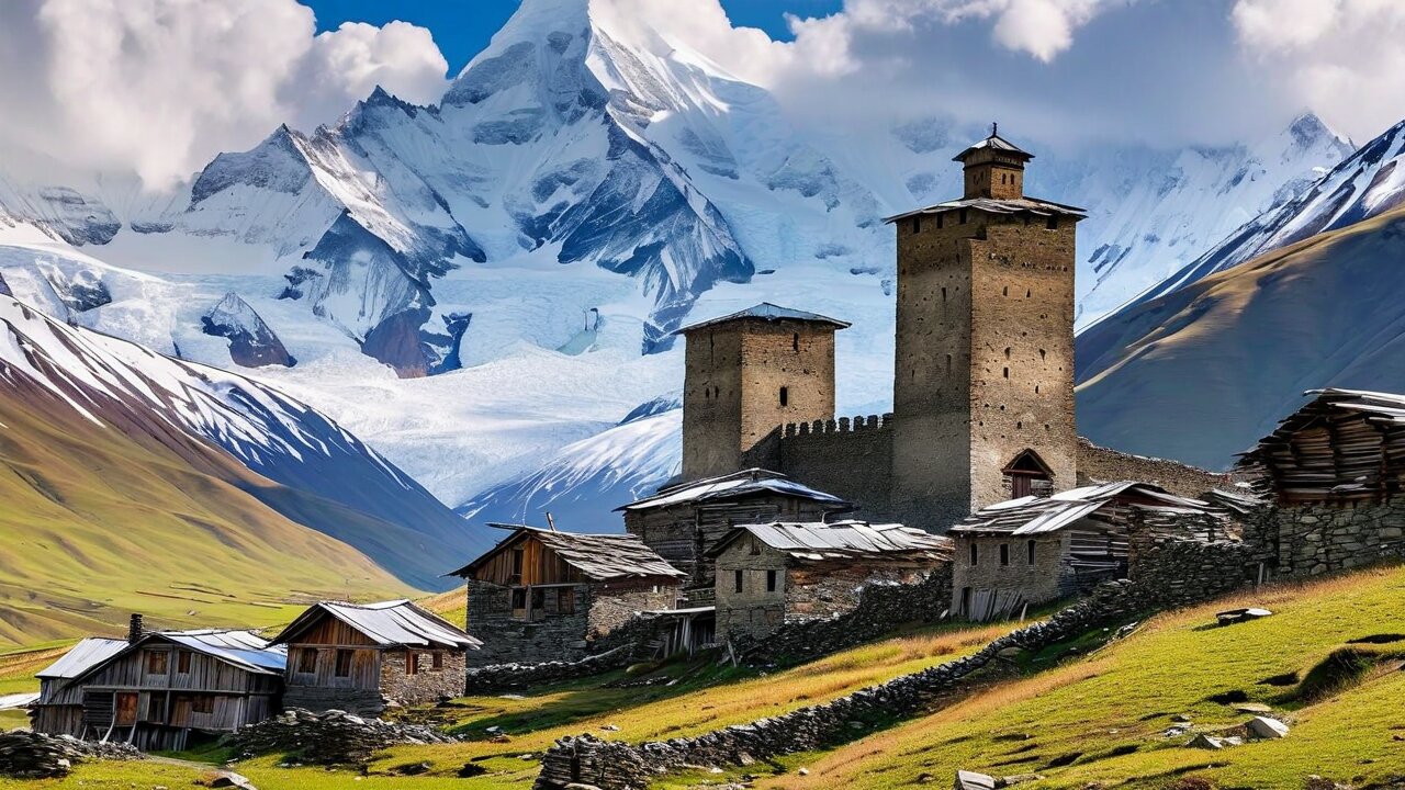 Svaneti mountain landscape with medieval towers and snow-capped peaks