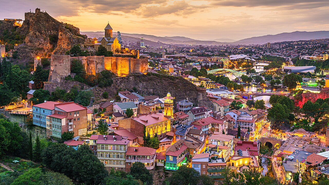 Panoramic view of Tbilisi with the Holy Trinity Cathedral and Kura River