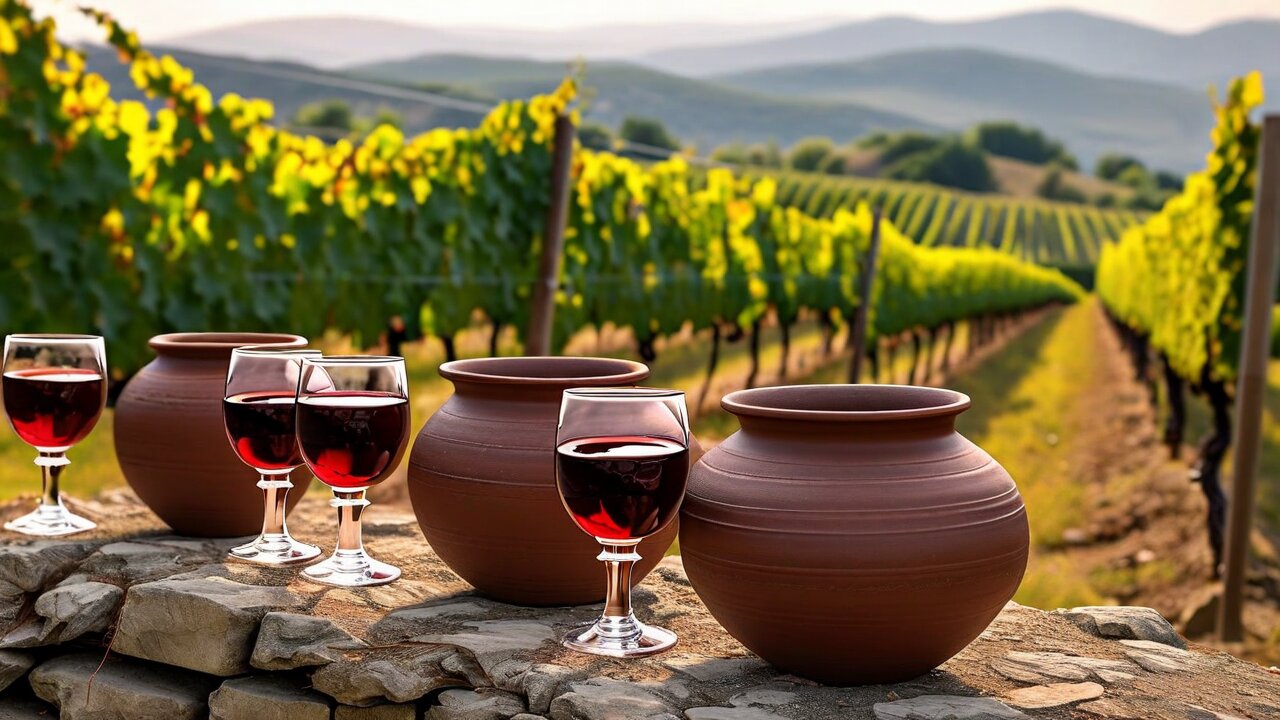 Georgian wine pouring from traditional clay qvevri vessel